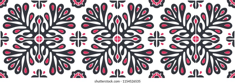 Traditional vector ornament in Scandinavian style. Stylized flowers and plants.  Moroccan tile mosaic. Turkish folk print. Spanish pottery. Ethnic background. Mediterranean seamless  wallpaper.