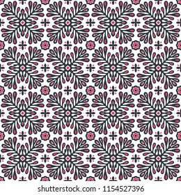 Traditional vector ornament in Scandinavian style. Stylized flowers and plants.  Moroccan tile mosaic. Turkish folk print. Spanish pottery. Ethnic background. Mediterranean seamless  wallpaper.
