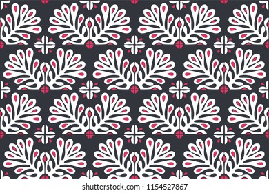 Traditional vector ornament in Scandinavian style. Stylized flowers and plants.  Moroccan tile mosaic. Turkish folk print. Spanish pottery. Ethnic background. Mediterranean seamless  wallpaper.