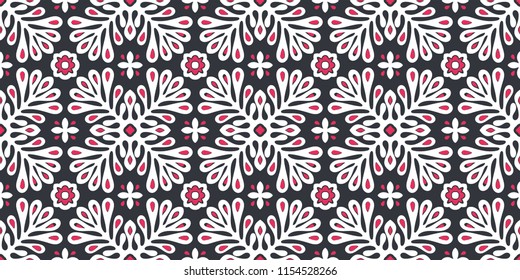 Traditional vector ornament in Scandinavian style. Stylized flowers and plants.  Moroccan tile mosaic. Turkish folk print. Spanish pottery. Ethnic background. Mediterranean seamless  wallpaper.