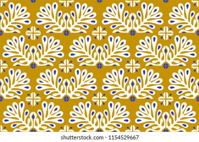 Traditional vector ornament in Scandinavian style. Stylized flowers and plants.  Moroccan tile mosaic. Turkish folk print. Spanish pottery. Ethnic background. Mediterranean seamless  wallpaper.