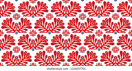 Traditional vector ornament in Scandinavian style. Stylized flowers and plants.  Moroccan tile mosaic. Turkish folk print. Spanish pottery. Ethnic background. Mediterranean seamless  wallpaper.