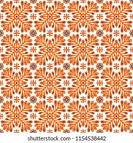 Traditional vector ornament in Scandinavian style. Stylized flowers and plants.  Moroccan tile mosaic. Turkish folk print. Spanish pottery. Ethnic background. Mediterranean seamless  wallpaper.