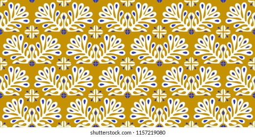 Traditional vector ornament in Scandinavian style. Stylized flowers and plants.  Moroccan tile mosaic. Turkish folk print. Spanish pottery. Ethnic background. Mediterranean seamless  wallpaper.