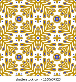 Traditional vector ornament in Scandinavian style. Stylized flowers and plants.  Moroccan tile mosaic. Turkish folk print. Spanish pottery. Ethnic background. Mediterranean seamless  wallpaper.