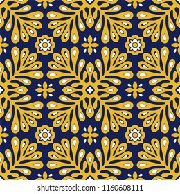 Traditional vector ornament in Scandinavian style. Stylized flowers and plants.  Moroccan tile mosaic. Turkish folk print. Spanish pottery. Ethnic background. Mediterranean seamless  wallpaper.