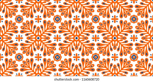 Traditional vector ornament in Scandinavian style. Stylized flowers and plants.  Moroccan tile mosaic. Turkish folk print. Spanish pottery. Ethnic background. Mediterranean seamless  wallpaper.