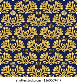 Traditional vector ornament in Scandinavian style. Stylized flowers and plants.  Moroccan tile mosaic. Turkish folk print. Spanish pottery. Ethnic background. Mediterranean seamless  wallpaper.