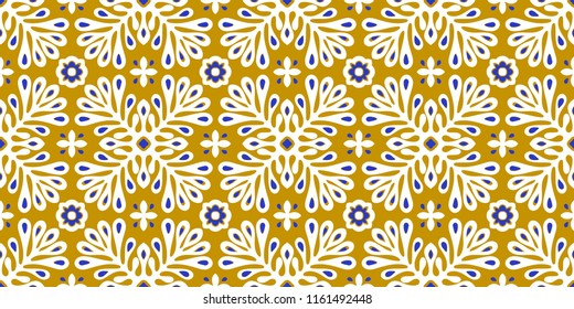 Traditional vector ornament in Scandinavian style. Stylized flowers and plants.  Moroccan tile mosaic. Turkish folk print. Spanish pottery. Ethnic background. Mediterranean seamless  wallpaper.