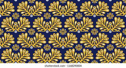 Traditional vector ornament in Scandinavian style. Stylized flowers and plants.  Moroccan tile mosaic. Turkish folk print. Spanish pottery. Ethnic background. Mediterranean seamless  wallpaper.