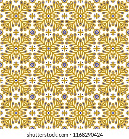 Traditional vector ornament in Scandinavian style. Stylized flowers and plants.  Moroccan tile mosaic. Turkish folk print. Spanish pottery. Ethnic background. Mediterranean seamless  wallpaper.