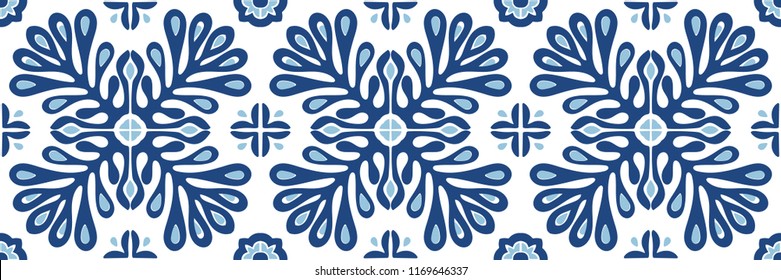 Traditional vector ornament in Scandinavian style. Stylized flowers and plants.  Moroccan tile mosaic. Turkish folk print. Spanish pottery. Ethnic background. Mediterranean seamless  wallpaper.