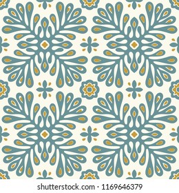 Traditional vector ornament in Scandinavian style. Stylized flowers and plants.  Moroccan tile mosaic. Turkish folk print. Spanish pottery. Ethnic background. Mediterranean seamless  wallpaper.