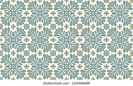 Traditional vector ornament in Scandinavian style. Stylized flowers and plants.  Moroccan tile mosaic. Turkish folk print. Spanish pottery. Ethnic background. Mediterranean seamless  wallpaper.