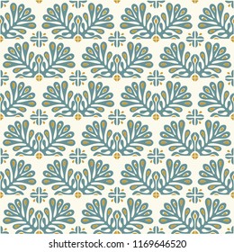 Traditional vector ornament in Scandinavian style. Stylized flowers and plants.  Moroccan tile mosaic. Turkish folk print. Spanish pottery. Ethnic background. Mediterranean seamless  wallpaper.