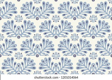 Traditional vector ornament in Scandinavian style. Stylized flowers and plants.  Moroccan tile mosaic. Turkish folk print. Spanish pottery. Ethnic background. Mediterranean seamless  wallpaper.