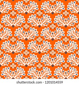 Traditional vector ornament in Scandinavian style. Stylized flowers and plants.  Moroccan tile mosaic. Turkish folk print. Spanish pottery. Ethnic background. Mediterranean seamless  wallpaper.