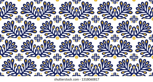 Traditional vector ornament in Scandinavian style. Stylized flowers and plants.  Moroccan tile mosaic. Turkish folk print. Spanish pottery. Ethnic background. Mediterranean seamless  wallpaper.