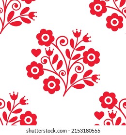 Patrón vectorial tradicional sin fisuras con ramo floral con corazones inspirados en el bordado de arte folclórico Lachy Sadeckie - adorno de impresión textil o de tela. Fondo retro con flores, diseño de Polonia