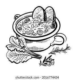 Traditional vegetable soup with bread. Ribollita from Tuscany, ministrone and other soups from the Mediterranean. Vector illustration.