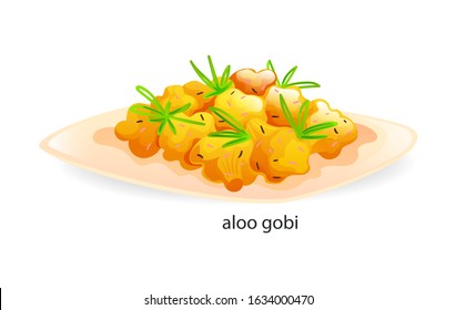 Traditional vegetarian indian dish Aloo gobi from the Indian subcontinent made with potatoes cauliflower spices. India dishes menu restaurant breakfast and dinner cartoon vector illustration