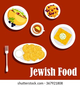 Traditional vegetarian jewish food menu icons with potato pancakes, sour cream, kugel noodle casserole, falafel sandwich filled with vegetables and olives, stewed carrots with fruits,  tea with lemon