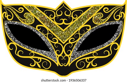 Traditional Venetian carnival black mask with gold ornate decoration. Vector illustration