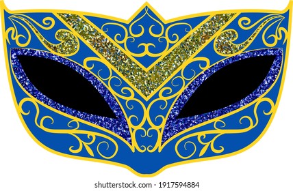 Traditional Venetian carnival blue mask with gold ornate decoration. Vector illustration