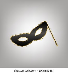 Traditional Venetian Carnival Decorative mask sign. Vector. Blackish icon with golden stars at grayish background.