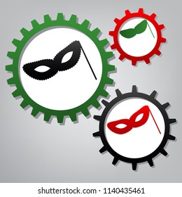 Traditional Venetian Carnival Decorative mask sign. Vector. Three connected gears with icons at grayish background.