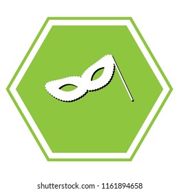 Traditional Venetian Carnival Decorative mask sign. Vector. White icon with black shadow at yellow green honeycomb on white background.