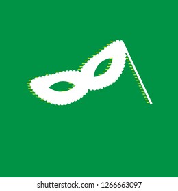 Traditional Venetian Carnival Decorative mask sign. Vector. White flat icon with yellow striped shadow at green background.