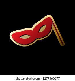 Traditional Venetian Carnival Decorative mask sign. Vector. Red icon with small black and limitless shadows at golden sticker on black background.