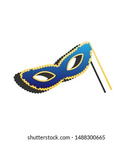 Traditional Venetian Carnival Decorative mask sign. Blue icon with gold contour with dark gray shadow at white background. Illustration.