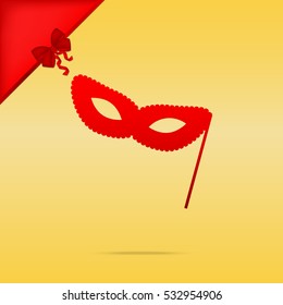 Traditional Venetian Carnival Decorative mask sign. Cristmas design red icon on gold background.