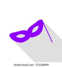 Traditional Venetian Carnival Decorative mask sign. Violet icon with flat style shadow path.