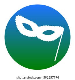 Traditional Venetian Carnival Decorative mask sign. Vector. White icon in bluish circle on white background. Isolated.