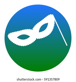 Traditional Venetian Carnival Decorative mask sign. Vector. White icon in bluish circle on white background. Isolated.