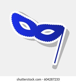 Traditional Venetian Carnival Decorative mask sign. Vector. New year bluish icon with outside stroke and gray shadow on light gray background.
