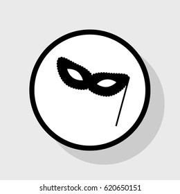 Traditional Venetian Carnival Decorative mask sign. Vector. Flat black icon in white circle with shadow at gray background.