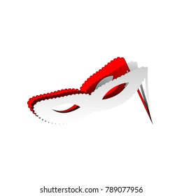 Traditional Venetian Carnival Decorative mask sign. Vector. Detachable paper icon with red body stock. Isolated.