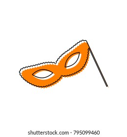 Traditional Venetian Carnival Decorative mask sign. Vector. Black line icon with shifted flat orange filled icon on white background. Isolated.