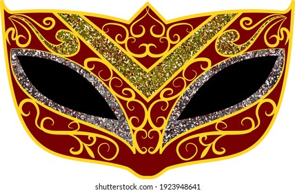 Traditional Venetian carnival red mask with gold ornate decoration. Vector illustration