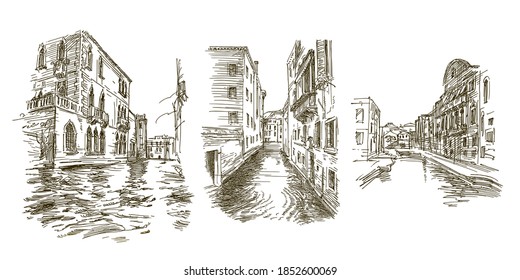 Traditional Venice Cityscape, hand drawn set.