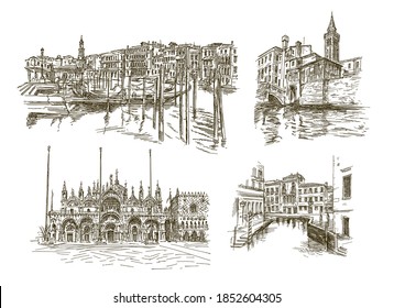 Traditional Venice Cityscape, hand drawn set.