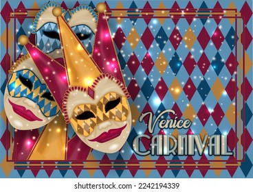 Traditional Venice mask Joker , invitation card in art deco style , vector