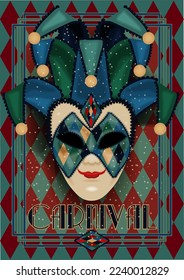 Traditional venice mask Joker, vip card in art deco style , vector illustration