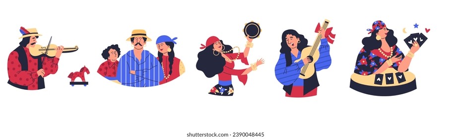 Traditional and vibrant gypsy people characters set in vector format illustrations isolated on white background. Cartoon vector characters inspired by gypsies culture.