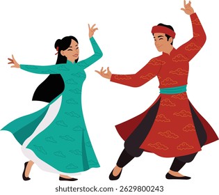 Traditional Vietnam Dance Couple Cartoon