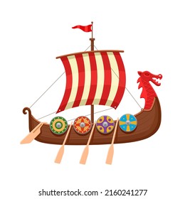 Traditional Viking boat with a striped sail. Vector illustration isolated on white background. svg